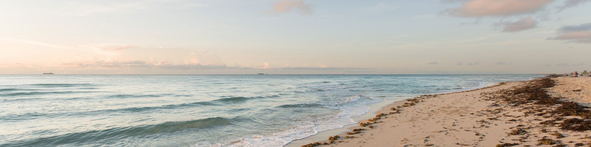 A serene beach scene with gentle waves, footprints in the sand, scattered seaweed, and a few clouds in the sky during what appears to be sunrise or sunset.