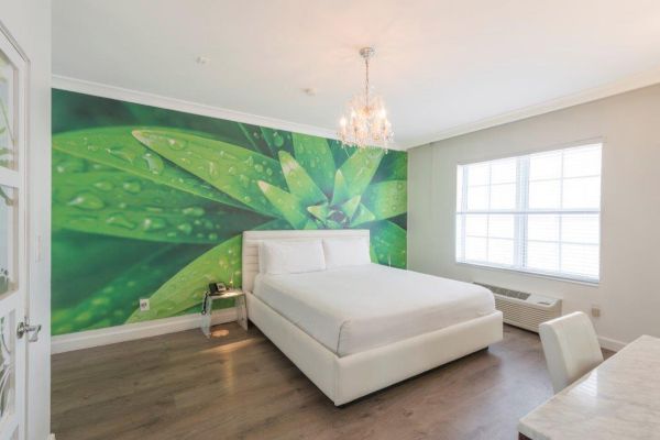 A modern bedroom with a large leaf mural on the wall, a white bed, chandelier, side tables, chair, window, and light-colored wooden flooring.