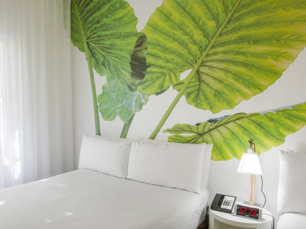 A bedroom with large green leaf wall art, white bedding, a nightstand with a lamp, phone, and clock, and a window with sheer curtains.