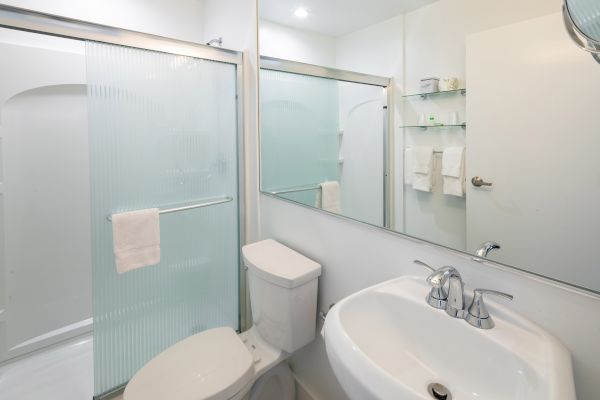 A modern bathroom with a toilet, sink, large mirror, and sliding shower doors. Towel racks beside the door and a shelf with toiletries.