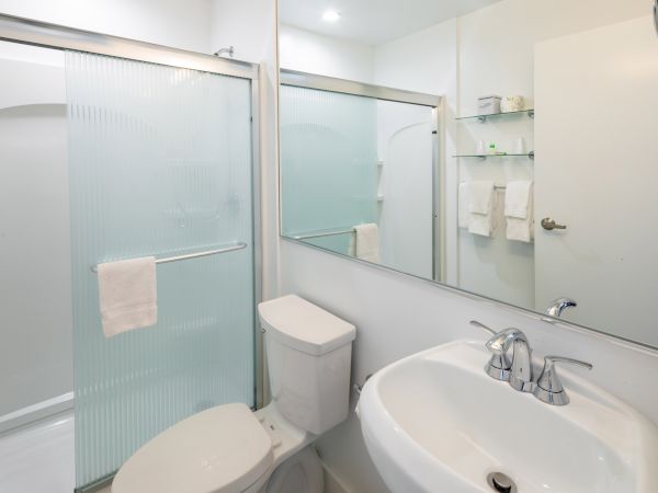 A modern bathroom with a toilet, sink, large mirror, and sliding shower doors. Towel racks beside the door and a shelf with toiletries.