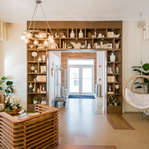 A well-decorated interior space with a hanging chair, unique wooden furniture, plants, and shelves filled with decorative items, leading to a hallway.