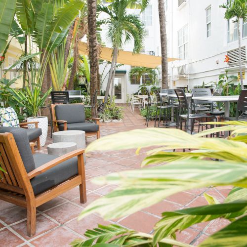 The image shows an outdoor patio area with chairs, tables, and lush green plants, creating a relaxing and inviting atmosphere.