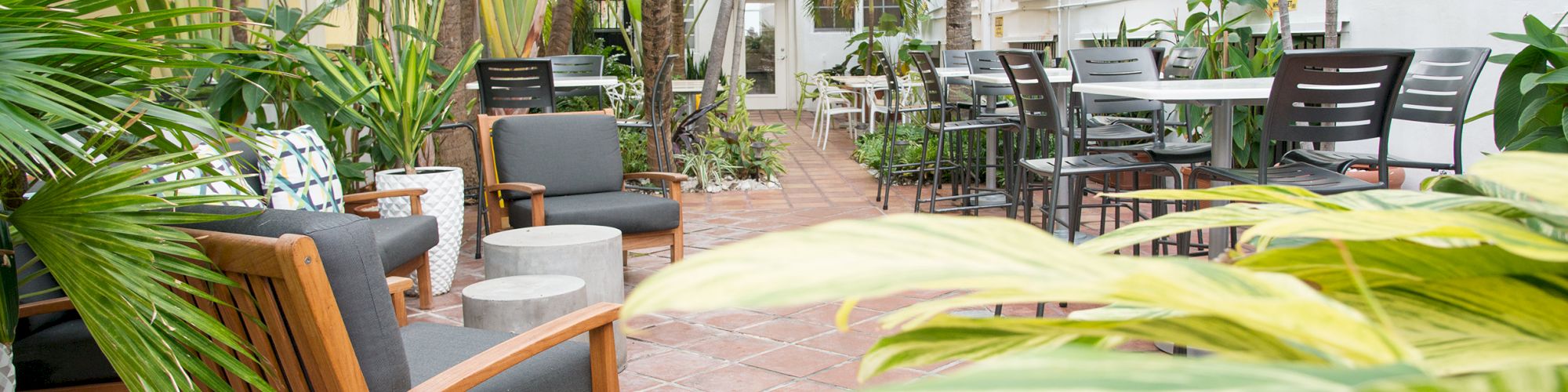 The image shows an outdoor patio area with wooden chairs, tables, and lush plants, creating a relaxing and inviting atmosphere.