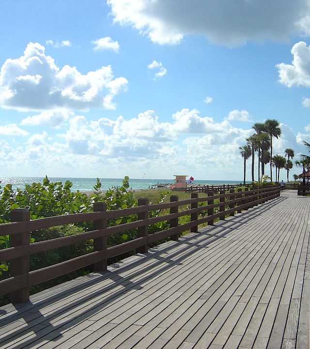 A sunny oceanfront boardwalk with palm trees, lush greenery, and a blue sky filled with fluffy clouds.