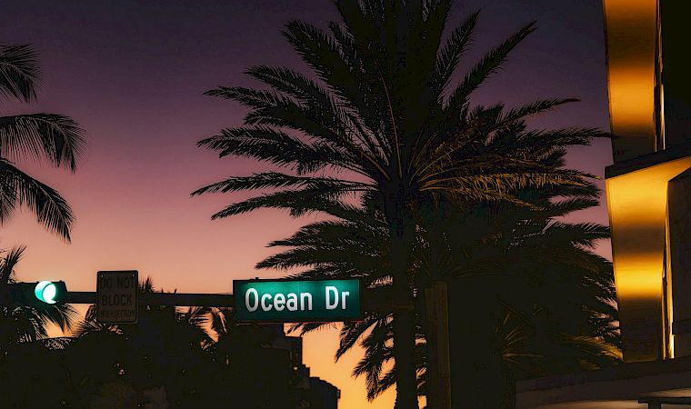 A sunset sky over palm trees beside a street sign reading “Ocean Dr.”.